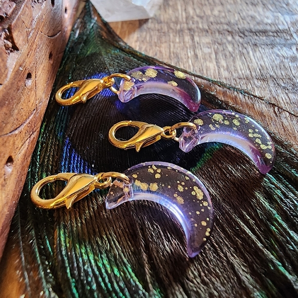 Purple Crystal Moon Charm SET Gold Foil Amethyst Glass Crescent Moon Bag Clip on - Picture 1 of 12